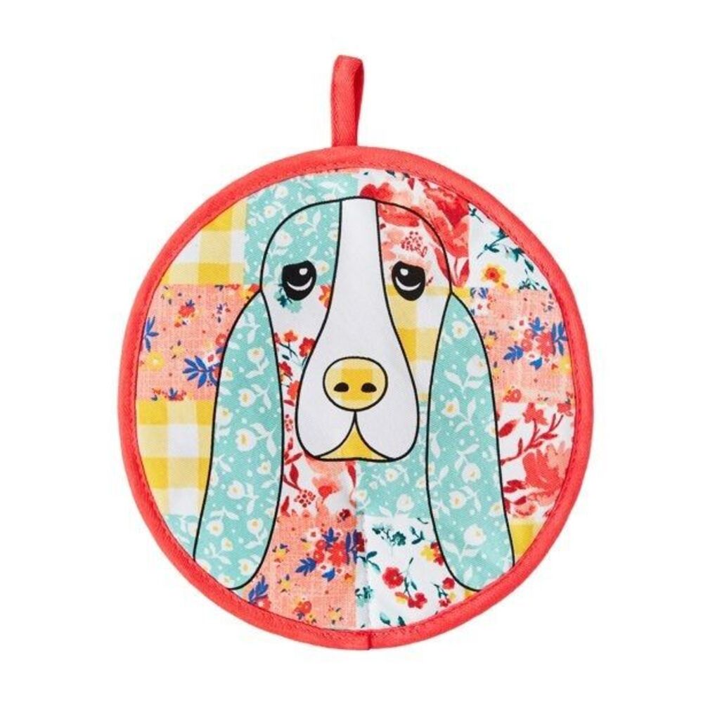 Pioneer Woman Pot Holder Patchwork Quilted Floral Fabric Round 8in Dog Charlie